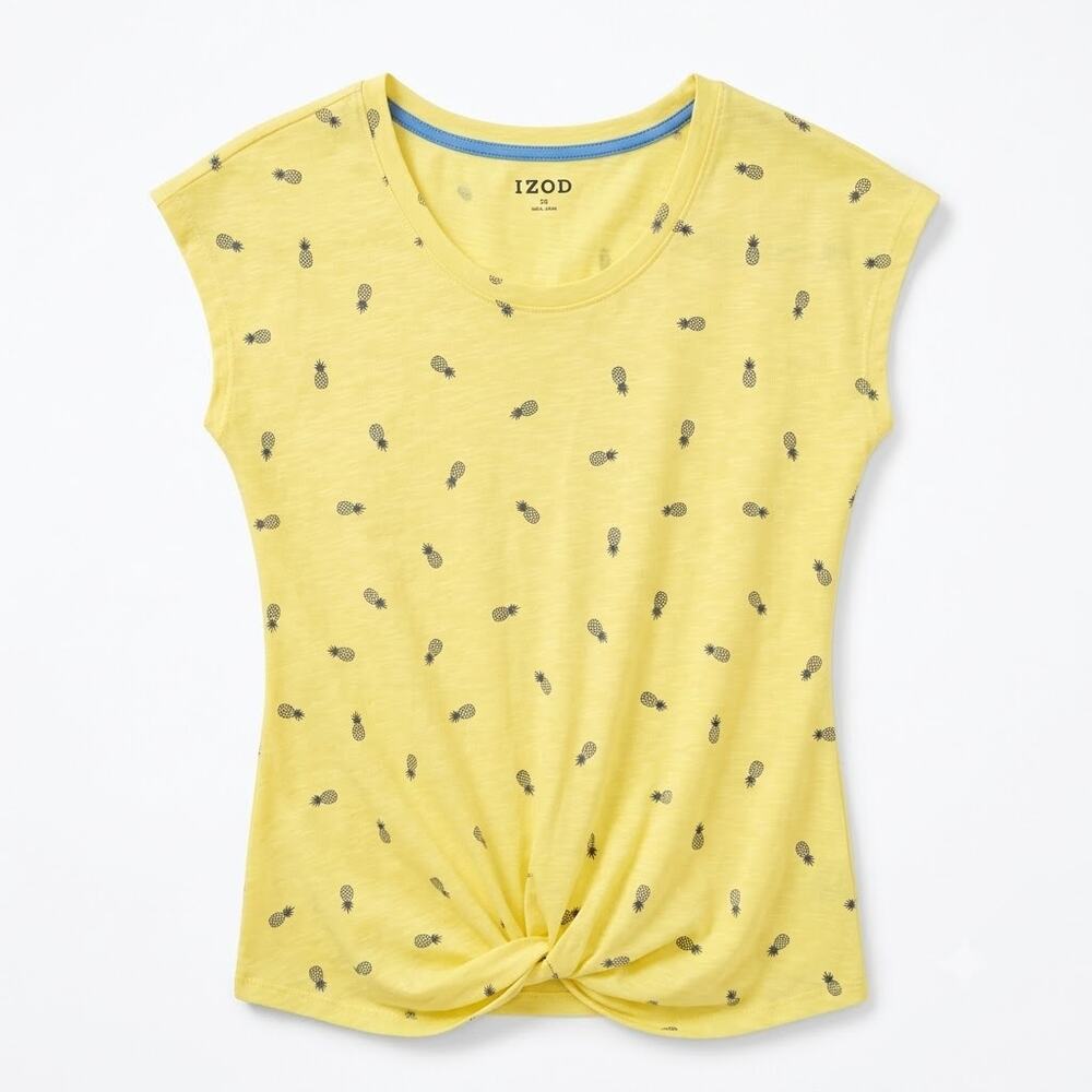 IZOD Pineapple Print Twist Hem Tee Yellow Womens XS